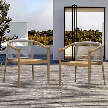 2 Pieces Modern Teak Wood Outdoor Patio Dining Chair Armchair Set in Natural & Beige